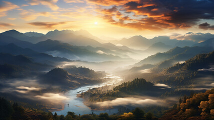 Fototapeta na wymiar sunset in the mountains for wallpaper background , Generate AI