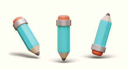 3D sharpened pencil in vertical and tilted position. Templates for writing and erasing