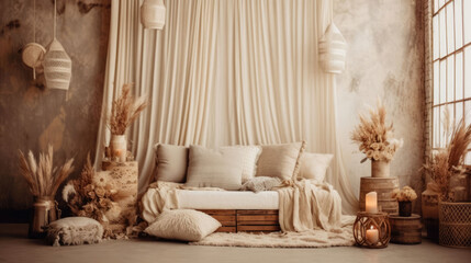 A serene scene with soft decorative light, an empty sofa, and inviting indoor ambiance, creating a tranquil and cozy space