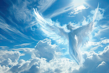 Angel spirit in blue sky with clouds. Generative AI