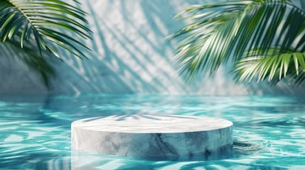 Fotobehang Top view of marble podium stand in swimming pool water with palm leaves. Summer tropical background for luxury product placement. © ND STOCK