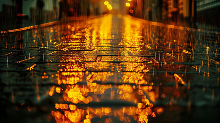 A cityscape after a downpour, with the warm glow of streetlights casting reflections on the wet cobblestones, creating a mosaic of gold and amber