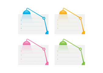 blue, orange, pink and green table lamp symbol and note paper. note paper and colorful table lamps