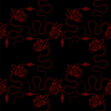 Roses and snakes on a black background. Vintage tattoo drawing. Vector illustration