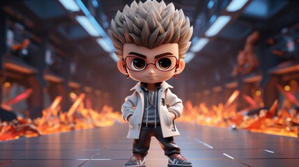 Naklejka premium 3d anime boy in glasses as a pop star against a golden glow, Chibi-style, banner, copy space