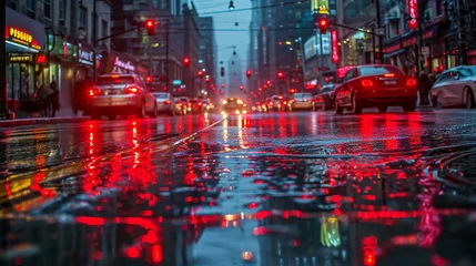 Foto op Plexiglas A downtown thoroughfare captured after a storm, its surfaces painted with the reflections of red brake lights and white headlights © Denis Yevtekhov