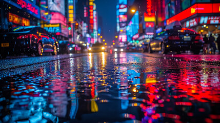 A rain-drenched boulevard under the neon buzz, where every raindrop carries the spectrum of a city's electric heartbeat