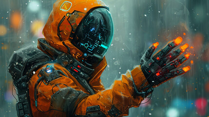 A character concept depicting a netrunner with a stealth-enhanced suit, augmented with neon circuitry and collapsible data spike gloves for hacking on the go
