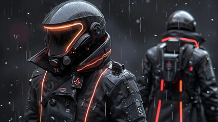 Fototapeta premium A character concept for a cyberpunk vigilante with a visor helmet, featuring dynamic light strips and a utility trench coat fitted with tech interfaces