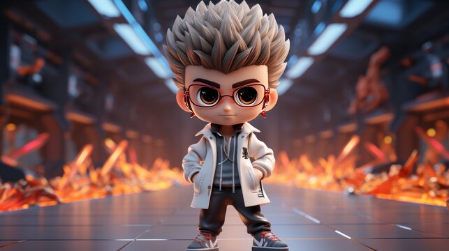 3d anime boy in glasses as a pop star against a golden glow, Chibi-style, banner, copy space