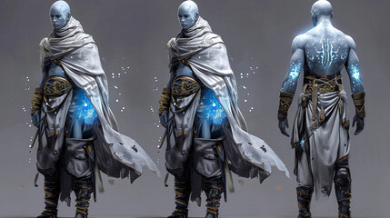A character concept for a cyber-warrior monk, with enlightenment tattoos that glow with energy and robes interwoven with defensive shielding