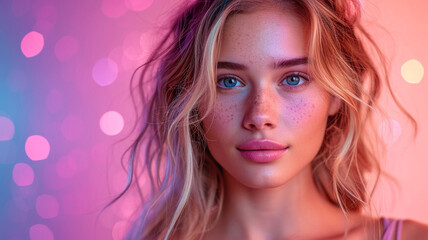 Woman points to the side black background purple colors neon