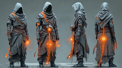 A character concept for a cyber-warrior monk, with enlightenment tattoos that glow with energy and robes interwoven with defensive shielding