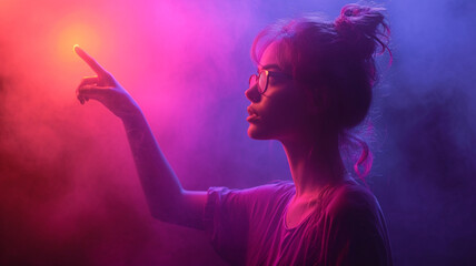 Woman points to the side black background purple colors neon