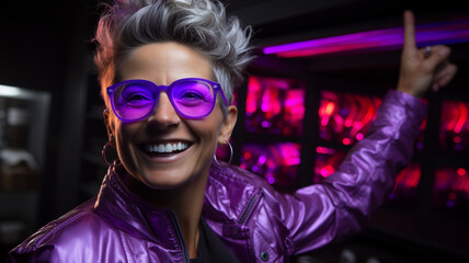 Woman points to the side black background purple colors neon