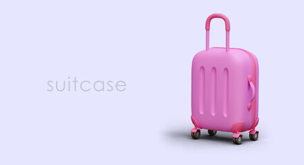 Plastic pink suitcase with wheels and retractable handle. Modern accessory for transporting things. Travel suitcase with hard case. Advertisement of suitcase store