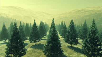 Fototapeta premium Group of Pine Trees on Grassy Hill in Serene Nature Landscape