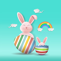 Easter bunny with colorful Easter eggs. Happy Easter holiday concept,
 minimalistic style, 3d vector. Space for copying.