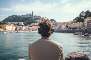 Fototapeta premium Man wearing a headphone and listening to music while sitting in front of a river or lake. Mental health and relaxation concept