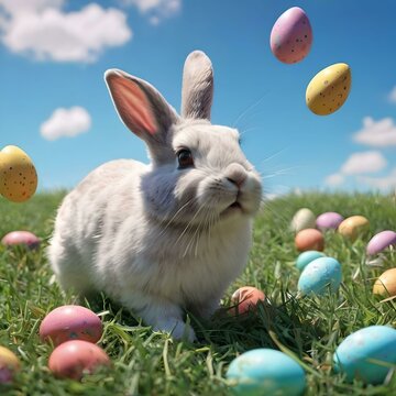 Easter Bunny with falling easter Eggs. Easter Bunny, Easter Eggs on Grass. Easter Bunny withn Eggas on grass with blue sky