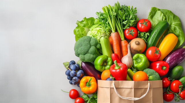 Delivery healthy food background. Healthy vegan vegetarian food in paper bag vegetables and fruits on white background, copy space, banner. Shopping food supermarket and clean vegan eating concept mix