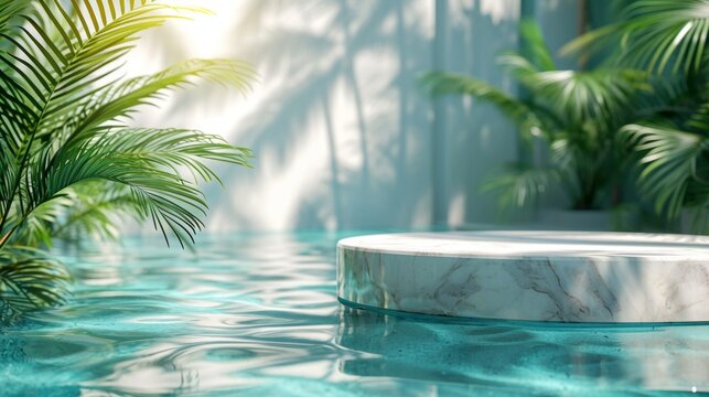 Top View Of Marble Podium Stand In Swimming Pool Water With Palm Leaves. Summer Tropical Background For Luxury Product Placement.