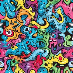 Vibrant Funky Doodles Abstract Seamless Pattern Design.