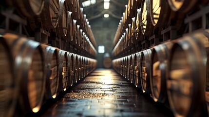 Row of Wooden Barrels Aligned Closely in a Neat Formation - obrazy, fototapety, plakaty