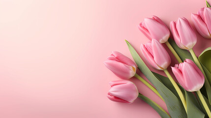 Fototapeta premium pink tulips on a table, bouquet of tulips on pink background, mothers day, Valentines day 