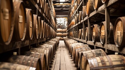 Spacious Room Filled With Many Wooden Barrels - obrazy, fototapety, plakaty