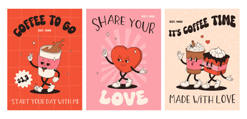 Valentine's Day set of vintage posters. Happy and cheerful retro mascots. Old animation 50s 60s 70s, groovy cartoon characters of coffee sweets and hearts, donut, cupcake, espresso, latte, present