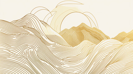 Abstract Vector Japanese Mountain Wave Line Art Print. Gold and Soft pastel colour harmony. Vector Graphics of Contemporary. Fuji. Chinese. Aesthetic, Featuring Majestic Mountain Scenes. Line pattern