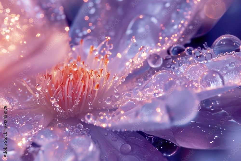 Poster a detailed close-up of a flower with glistening water droplets. perfect for adding a touch of nature