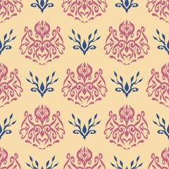 Ikat pattern with color background including repeated elements, traditional style, embroidery, vintage, botanical, hand drawn design, for home decor, fabric, clothing, other decoration.