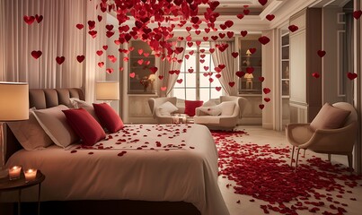 Romantic Bedroom Adorned with Balloons and Rose Petals. Generative Ai


