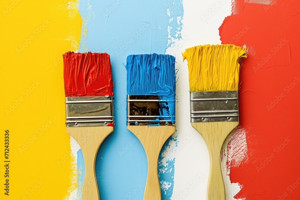 Poster a picture featuring three paintbrushes, each with red, yellow, and blue paint on them. this versatil