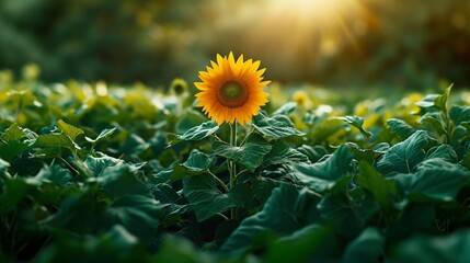 A solitary sunflower standing tall amidst a sea of green. - obrazy, fototapety, plakaty