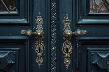 A close up view of a door handle on a blue door. Suitable for various themes and concepts