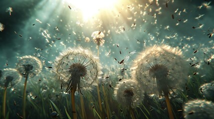 A surreal field of floating dandelion seeds caught in a sunbeam. - obrazy, fototapety, plakaty