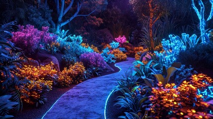 A surreal garden of neon-colored bioluminescent plants under the night sky. 