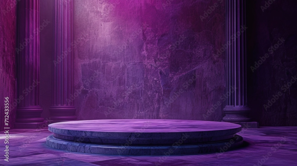 Poster a stage with columns and a purple light. suitable for theatrical performances or events