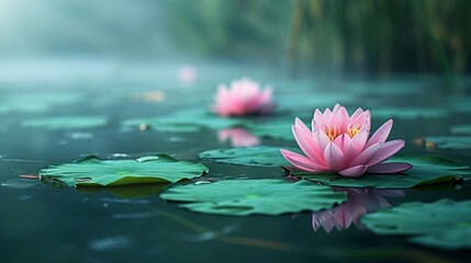 Lotus blooms floating serenely on the calm surface of a pond. - obrazy, fototapety, plakaty