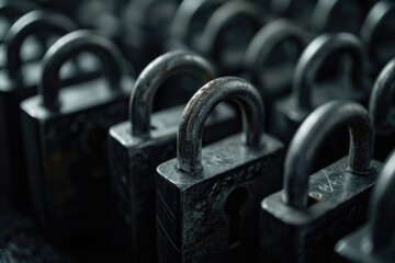 A close-up view of a bunch of padlocks. This image can be used to represent security, protection,...