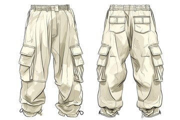 A detailed drawing of a pair of cargo pants. This versatile fashion illustration can be used for clothing catalogs, fashion blogs, or design projects
