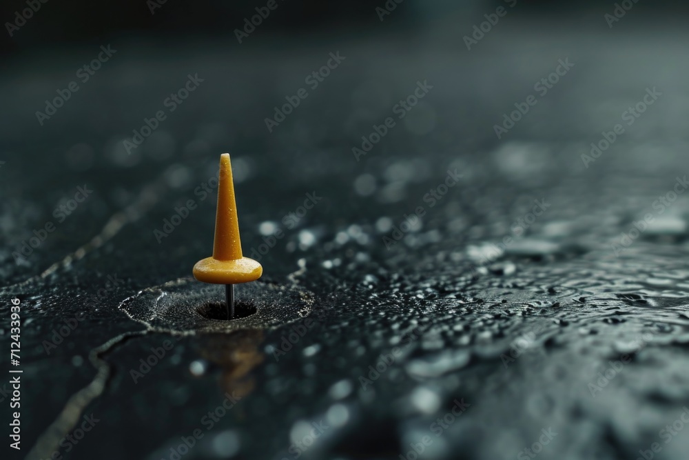 Poster a yellow cone sitting on top of a wet surface. perfect for illustrating caution or safety in a wet e