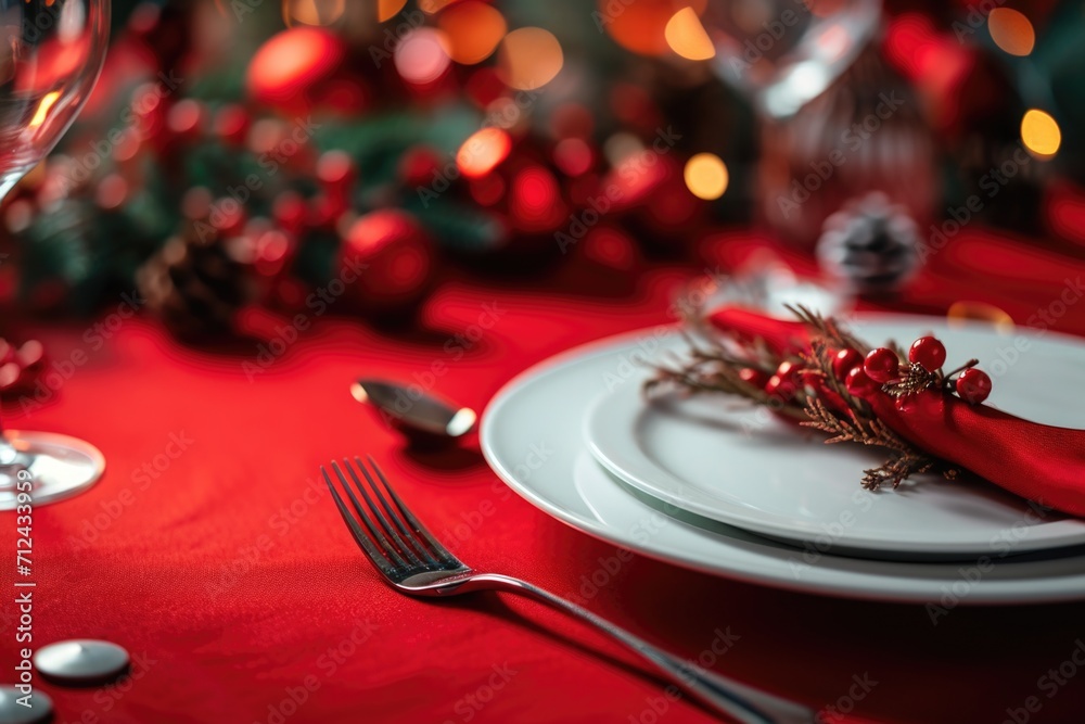 Poster A table setting with a red table cloth, silverware, and a red napkin. Perfect for elegant dining or special occasions