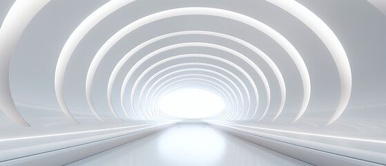 Abstract white futuristic geometric tunnel architecture.