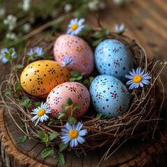 Fototapeta na wymiar Background, eggs and color for holiday, vacation and easter season with color, chocolate and celebration. Nest, flowers and decoration in abstract for creative wallpaper, advertisement and art.