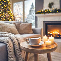 Obraz na płótnie Canvas Beige chunky knit throw on grey sofa. Сoffee table with candles against fireplace. Scandinavian farmhouse, hygge home interior design of modern living room. Warm and inviting winter atmosphere.