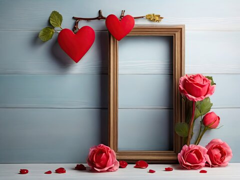 Valentine's day background with wooden frame, red roses and hearts.